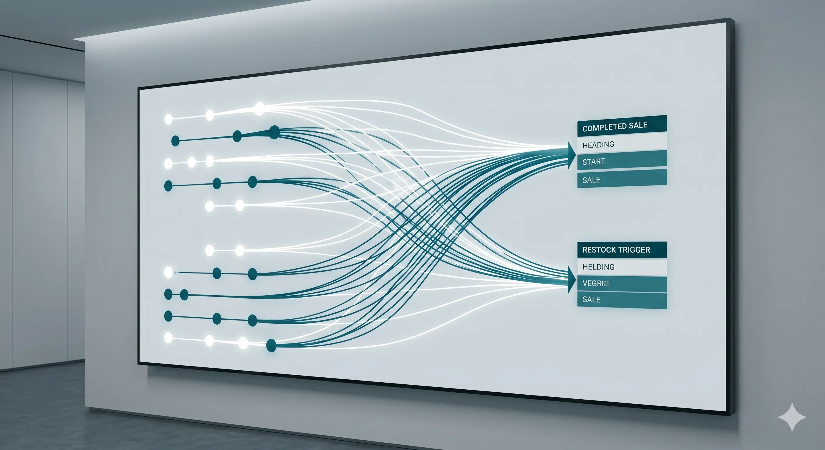 An abstract visualization of Agentic AI workflows in a professional agency setting. Streams of glowing white and deep teal data nodes flow and merge autonomously into clean, structured blocks labeled 'COMPLETED SALE' and 'RESTOCK TRIGGER