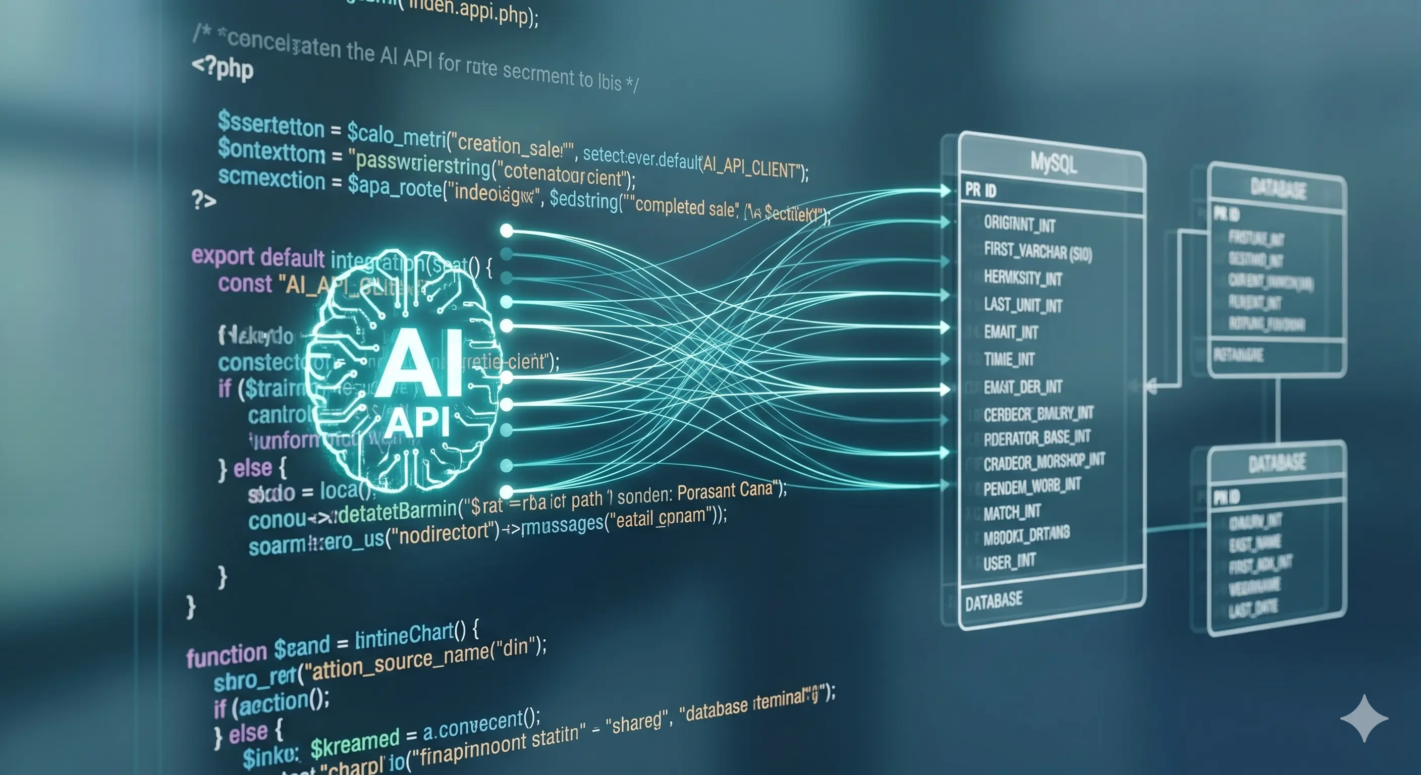 A technical, minimalist visual shows PHP code on a screen securely connecting a modern, glowing AI API into a schematic diagram of a traditional MySQL database table structure. The image uses the same cool blue and teal lighting as image_0.png and image_1.png.