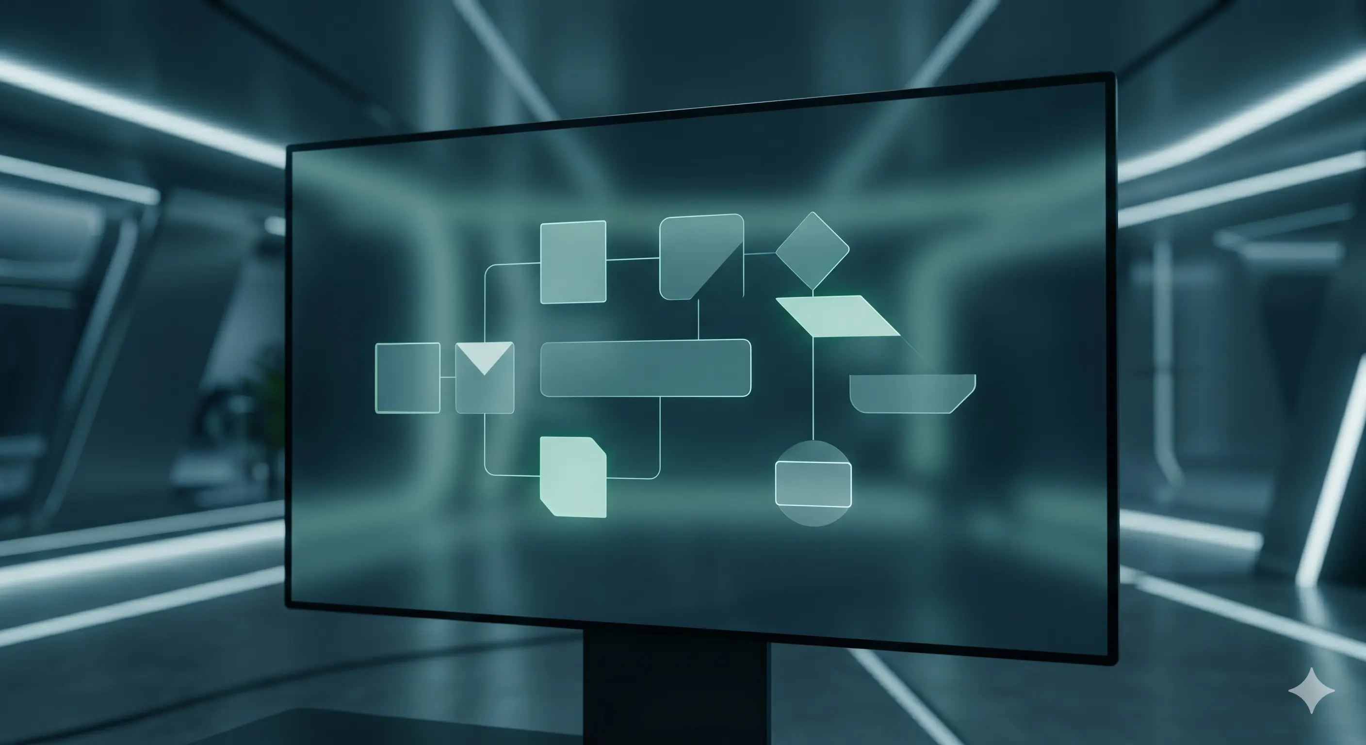 A visualization screen in a sophisticated studio, consistent with the environment established in image_0.png through image_2.png, displays a dynamic, adaptive UI design pattern of geometric shapes. The forms shift and update visually, representing an interface tailored by Generative UI logic, but maintaining a luxurious, cinematic, and minimalist look.